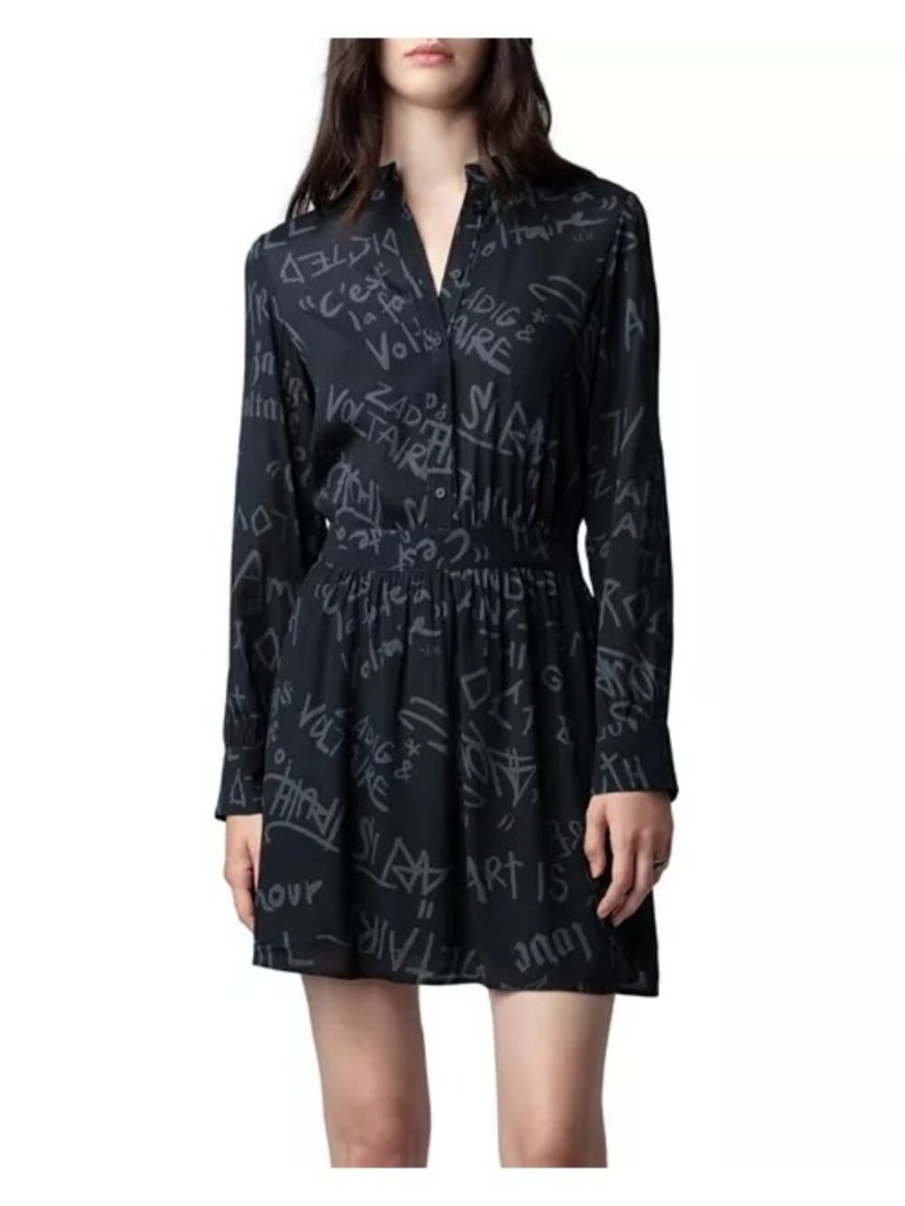 Zadig & Voltaire Refla Crepe Manifest Dress Black Printed Long Sleeve Size Small